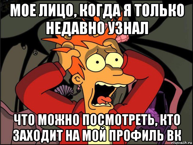 мое лицо, когда я только недавно узнал что можно посмотреть, кто заходит на мой профиль вк, Мем Фрай в панике