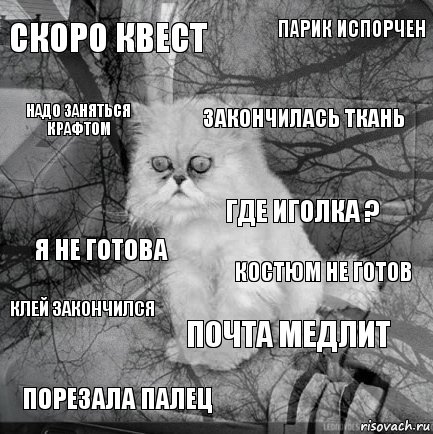 СКОРО КВЕСТ КОСТЮМ НЕ ГОТОВ ЗАКОНЧИЛАСЬ ТКАНЬ ПОРЕЗАЛА ПАЛЕЦ Я НЕ ГОТОВА ПАРИК ИСПОРЧЕН ПОЧТА МЕДЛИТ надо заняться крафтом КЛЕЙ ЗАКОНЧИЛСЯ ГДЕ ИГОЛКА ?, Комикс  кот безысходность