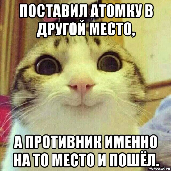 поставил атомку в другой место, а противник именно на то место и пошёл., Мем       Котяка-улыбака