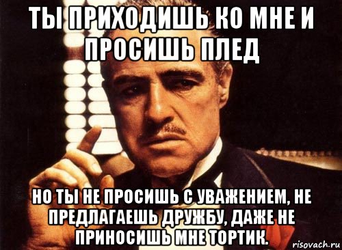 ты приходишь ко мне и просишь плед но ты не просишь с уважением, не предлагаешь дружбу, даже не приносишь мне тортик., Мем крестный отец