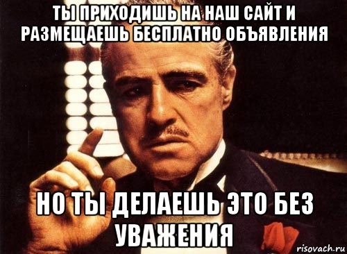 ты приходишь на наш сайт и размещаешь бесплатно объявления но ты делаешь это без уважения, Мем крестный отец