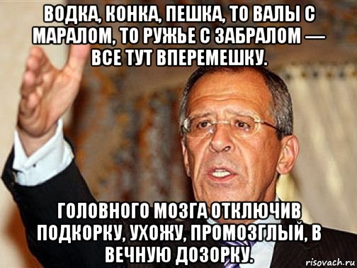 водка, конка, пешка, то валы с маралом, то ружье с забралом — все тут вперемешку. головного мозга отключив подкорку, ухожу, промозглый, в вечную дозорку.