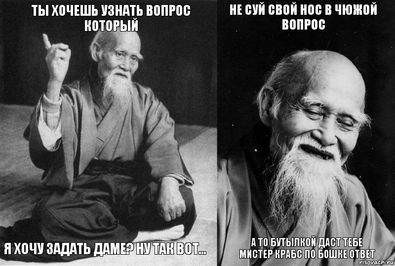 Ты хочешь узнать вопрос который Я хочу задать даме? Ну так вот... Не суй свой нос в чюжой вопрос А то бутылкой даст тебе мистер крабс по бошке ответ, Комикс Мудрец-монах (4 зоны)