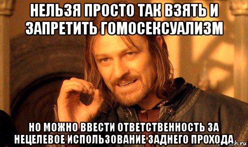 нельзя просто так взять и запретить гомосексуализм но можно ввести ответственность за нецелевое использование заднего прохода, Мем Нельзя просто так взять и (Боромир мем)