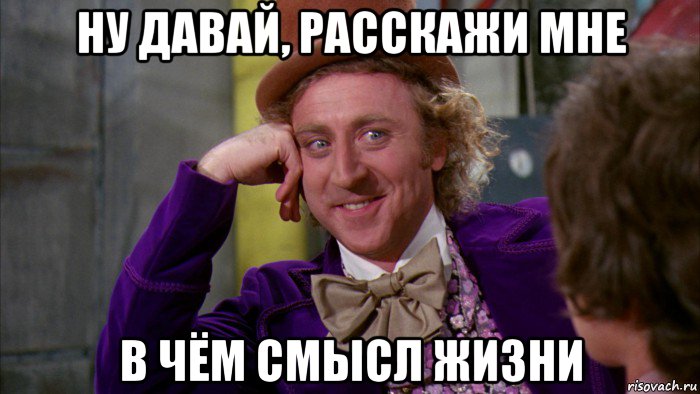 ну давай, расскажи мне в чём смысл жизни, Мем Ну давай расскажи (Вилли Вонка)