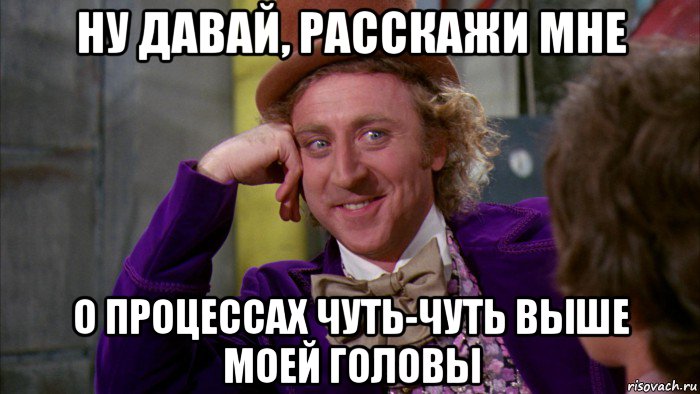 ну давай, расскажи мне о процессах чуть-чуть выше моей головы, Мем Ну давай расскажи (Вилли Вонка)