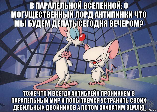 в паралельной вселенной: о могущественный лорд антипинки что мы будем делать сегодня вечером? тоже что и всегда антибрейн проникнем в паралельный мир и попытаемся устранить своих дебильных двойников а потом захватим землю, Мем ПИНКИ И БРЕЙН