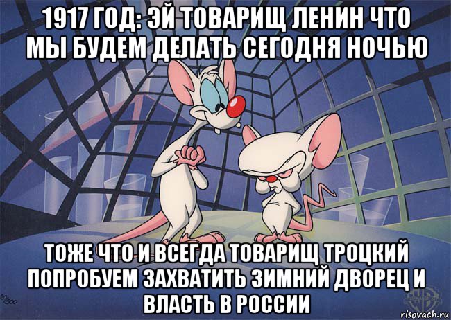 1917 год: эй товарищ ленин что мы будем делать сегодня ночью тоже что и всегда товарищ троцкий попробуем захватить зимний дворец и власть в россии, Мем ПИНКИ И БРЕЙН