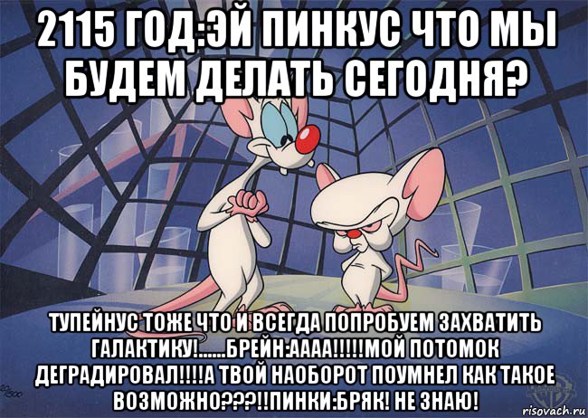 2115 год:эй пинкус что мы будем делать сегодня? тупейнус тоже что и всегда попробуем захватить галактику!......брейн:аааа!!!!!мой потомок деградировал!!!!а твой наоборот поумнел как такое возможно???!!пинки:бряк! не знаю!, Мем ПИНКИ И БРЕЙН