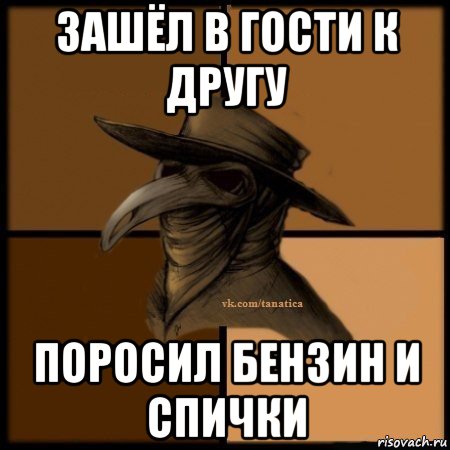 зашёл в гости к другу поросил бензин и спички, Мем Plague doctor