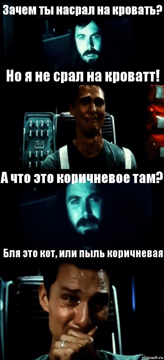 Зачем ты насрал на кровать? Но я не срал на кроватт! А что это коричневое там? Бля это кот, или пыль коричневая, Комикс Привет пап прости что пропал (Интерстеллар)