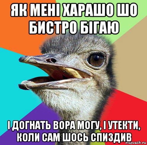 як мені харашо шо бистро бігаю і догнать вора могу, і утекти, коли сам шось спиздив