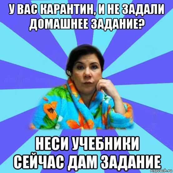 у вас карантин, и не задали домашнее задание? неси учебники сейчас дам задание, Мем типичная мама