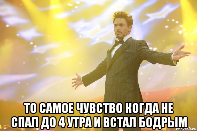  то самое чувство когда не спал до 4 утра и встал бодрым, Мем Тони Старк (Роберт Дауни младший)