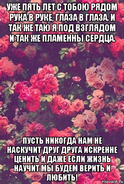 уже пять лет с тобою рядом рука в руке, глаза в глаза. и так же таю я под взглядом и так же пламенны сердца. пусть никогда нам не наскучит друг друга искренне ценить и даже если жизнь научит мы будем верить и любить!