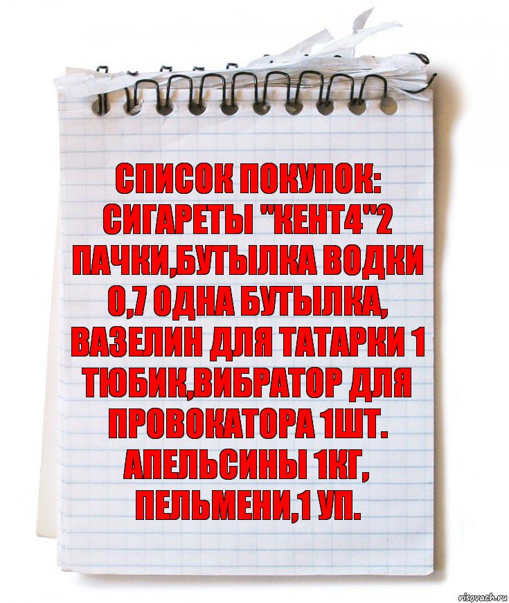 Список покупок: Сигареты "кент4"2 пачки,бутылка водки 0,7 одна бутылка, вазелин для татарки 1 тюбик,вибратор для провокатора 1шт. Апельсины 1кг, пельмени,1 уп.