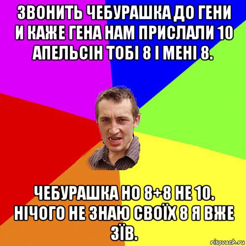 звонить чебурашка до гени и каже гена нам прислали 10 апельсін тобі 8 і мені 8. чебурашка но 8+8 не 10. нічого не знаю своїх 8 я вже зїв., Мем Чоткий паца