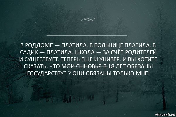 В роддоме — платила, в больнице платила, в садик — платила, школа — за счёт родителей и существует. Теперь еще и универ. И Вы хотите сказать, что мои сыновья в 18 лет обязаны государству? ? Они обязаны только МНЕ!, Комикс Игра слов 5