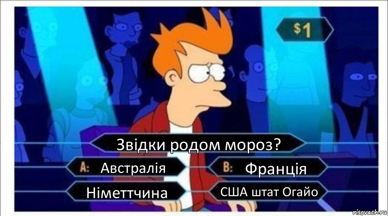 Звідки родом мороз? Австралія Франція Німеттчина США штат Огайо, Комикс  фрай кто хочет стать миллионером