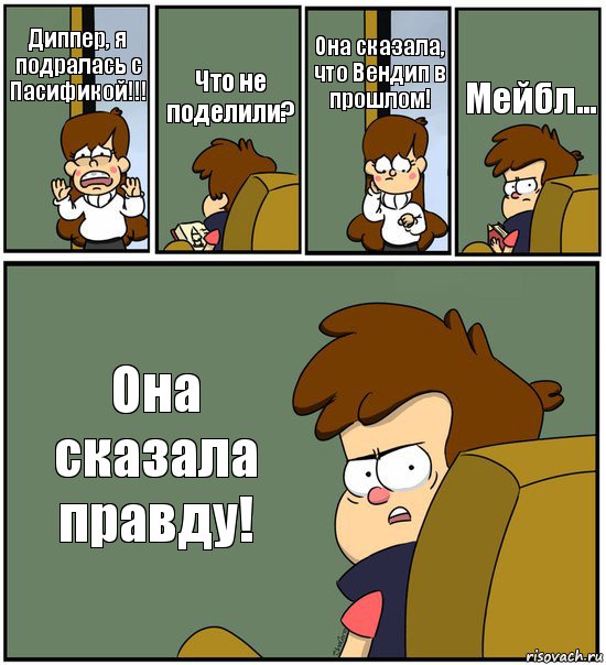 Диппер, я подралась с Пасификой!!! Что не поделили? Она сказала, что Вендип в прошлом! Мейбл... Она сказала правду!