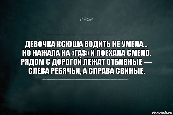 Девочка Ксюша водить не умела…
Но нажала на «газ» и поехала смело.
Рядом с дорогой лежат отбивные —
Слева ребячьи, а справа свиные., Комикс Игра Слов