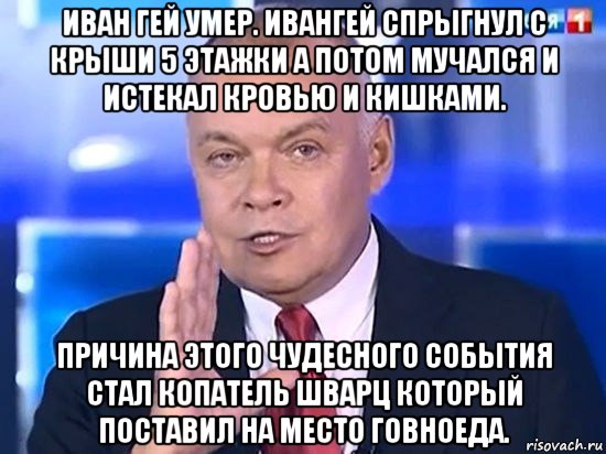 иван гей умер. ивангей спрыгнул с крыши 5 этажки а потом мучался и истекал кровью и кишками. причина этого чудесного события стал копатель шварц который поставил на место говноеда., Мем Киселёв 2014