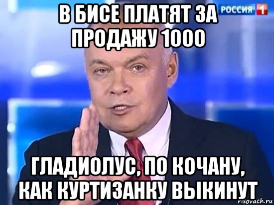 в бисе платят за продажу 1000 гладиолус, по кочану, как куртизанку выкинут, Мем Киселёв 2014