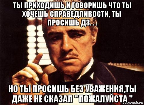 ты приходишь и говоришь что ты хочешь справедливости, ты просишь дз. . . но ты просишь без уважения,ты даже не сказал " пожалуйста ", Мем крестный отец