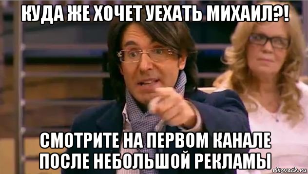 куда же хочет уехать михаил?! смотрите на первом канале после небольшой рекламы, Мем Андрей Малахов