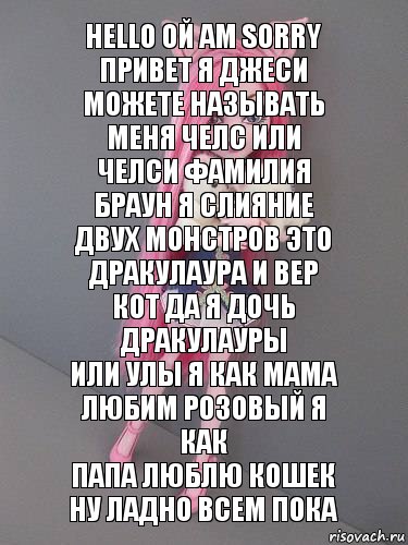 Hello ой am sorry привет я Джеси можете называть меня Челс или Челси фамилия браун я слияние двух монстров это
дракулаура и вер кот да я дочь дракулауры
или Улы я как мама любим розовый я как
папа люблю кошек ну ладно всем пока, Комикс монстер хай новая ученица