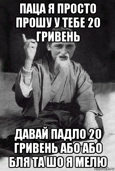 паца я просто прошу у тебе 20 гривень давай падло 20 гривень або або бля та шо я мелю, Мем Мудрий паца