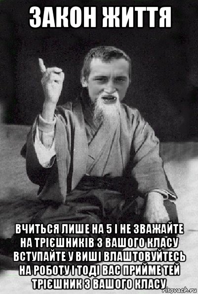 закон життя вчиться лише на 5 і не зважайте на трієшників з вашого класу вступайте у виші влаштовуйтесь на роботу і тоді вас прийме тей трієшник з вашого класу, Мем Мудрий паца