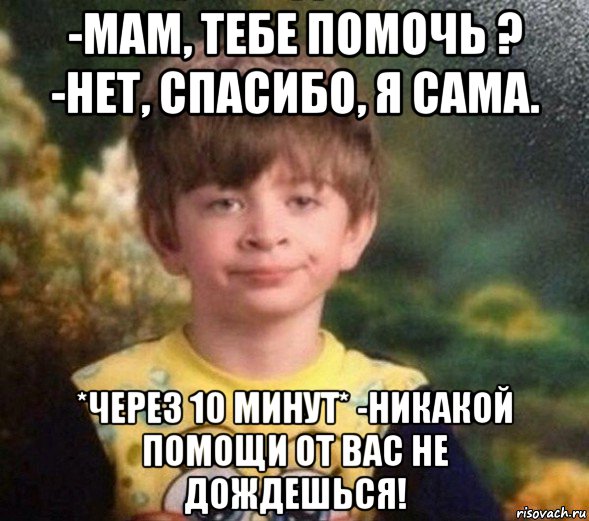 -мам, тебе помочь ? -нет, спасибо, я сама. *через 10 минут* -никакой помощи от вас не дождешься!, Мем Недовольный пацан