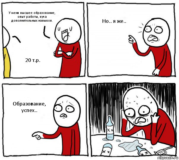 У меня высшее образование, опыт работы, куча дополнительных навыков. 20 т.р. Но.. я же.. Образование, успех.., Комикс Но я же