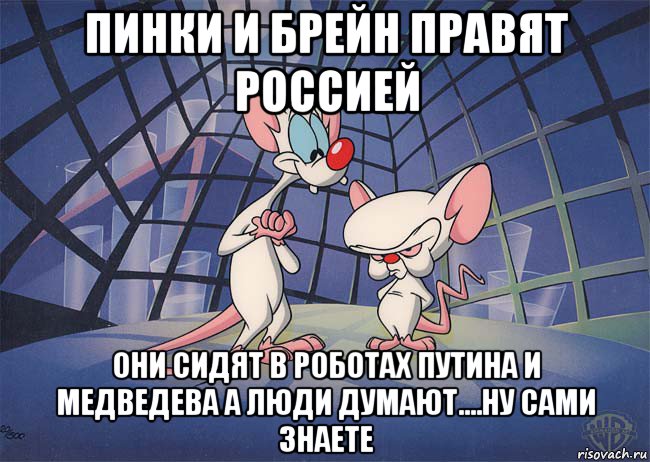 пинки и брейн правят россией они сидят в роботах путина и медведева а люди думают....ну сами знаете, Мем ПИНКИ И БРЕЙН