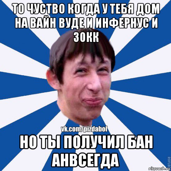 то чуство когда у тебя дом на вайн вуде и инфернус и 30кк но ты получил бан анвсегда, Мем Пиздабол типичный вк