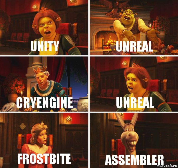 Unity Unreal CryEngine Unreal Frostbite assembler, Комикс  Шрек Фиона Гарольд Осел