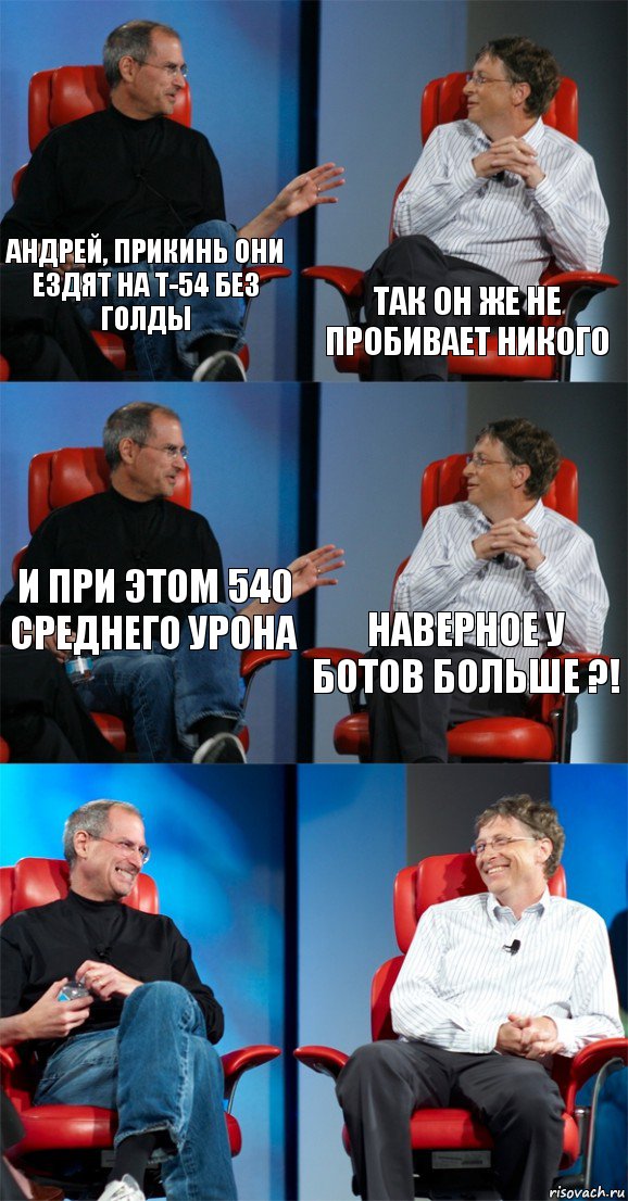 Андрей, прикинь они ездят на Т-54 без голды так он же не пробивает никого и при этом 540 среднего урона наверное у ботов больше ?!  