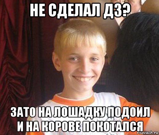 не сделал дз? зато на лошадку подоил и на корове покотался, Мем Типичный школьник