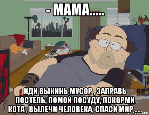 - мама..... иди выкинь мусор , заправь постель, помой посуду, покорми кота , вылечи человека, спаси мир ....., Мем   Задрот south park