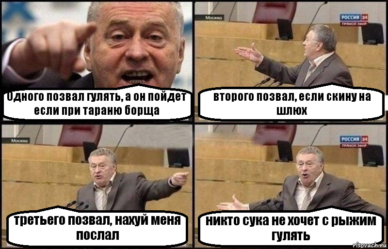 Одного позвал гулять, а он пойдет если при тараню борща второго позвал, если скину на шлюх третьего позвал, нахуй меня послал никто сука не хочет с рыжим гулять, Комикс Жириновский