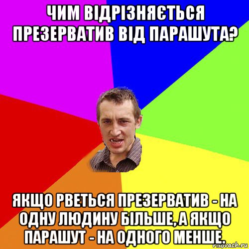 чим відрізняється презерватив від парашута? якщо рветься презерватив - на одну людину більше, а якщо парашут - на одного менше., Мем Чоткий паца