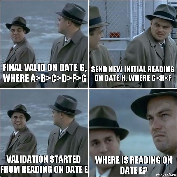Final valid on date G, where A>B>C>D>F>G Send new Initial reading on date H. where G<H<F Validation started from reading on date E Where is reading on date E?, Комикс дикаприо 4