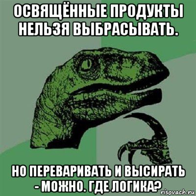 освящённые продукты нельзя выбрасывать. но переваривать и высирать - можно. где логика?, Мем Филосораптор