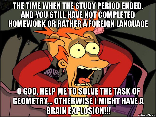 the time when the study period ended, and you still have not completed homework or rather a foreign language o god, help me to solve the task of geometry... otherwise i might have a brain explosion!!!, Мем Фрай в панике