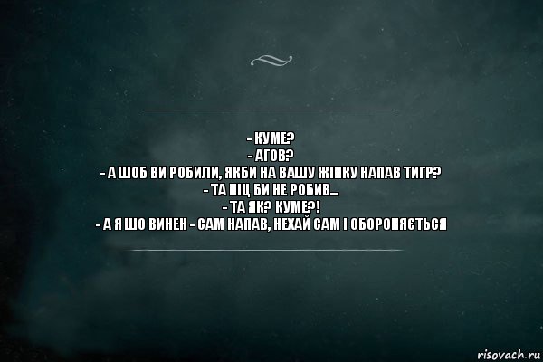 - Куме?
- Агов?
- А шоб ви робили, якби на вашу жінку напав тигр?
- Та ніц би не робив...
- Та як? Куме?!
- А я шо винен - сам напав, нехай сам і обороняється, Комикс Игра Слов