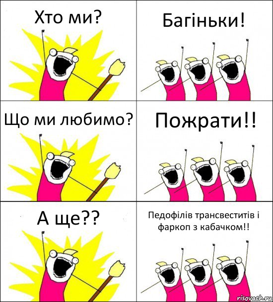 Хто ми? Багіньки! Що ми любимо? Пожрати!! А ще?? Педофілів трансвеститів і фаркоп з кабачком!!, Комикс кто мы