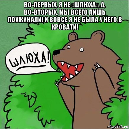 во-первых, я не «шлюха», а, во-вторых, мы всего лишь поужинали! и вовсе я не была у него в кровати! , Мем Медведь в кустах