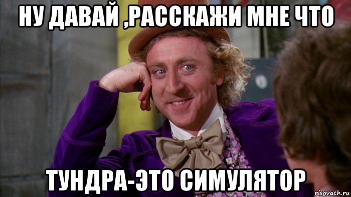 ну давай ,расскажи мне что тундра-это симулятор, Мем Ну давай расскажи (Вилли Вонка)