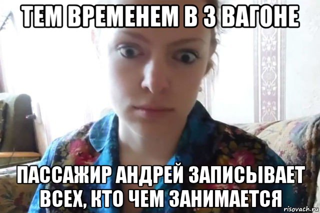 тем временем в 3 вагоне пассажир андрей записывает всех, кто чем занимается, Мем    Скайп файлообменник